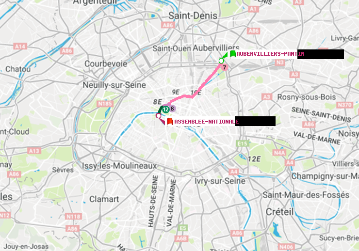 plan itinéraire ratp de Aubervilliers Pantin (4 Chemins) à Assemblée Nationale
