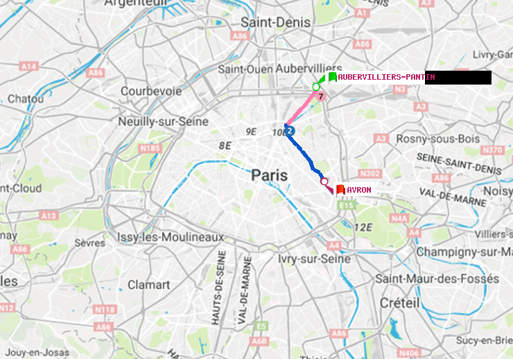 plan itinéraire ratp de Aubervilliers Pantin (4 Chemins) à Avron