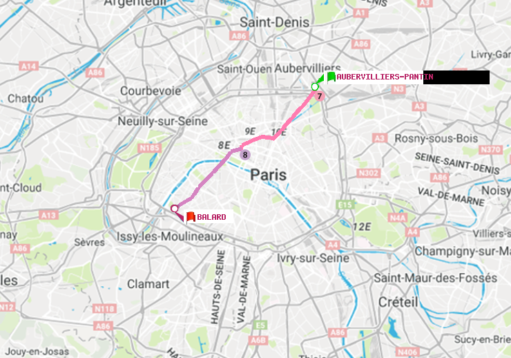 plan itinéraire ratp de Aubervilliers Pantin (4 Chemins) à Balard