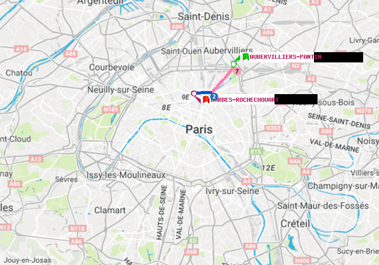 plan itinéraire ratp de Aubervilliers Pantin (4 Chemins) à Barbès-Rochechouart