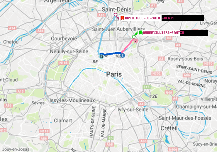 plan itinéraire ratp de Aubervilliers Pantin (4 Chemins) à Basilique de Saint-Denis