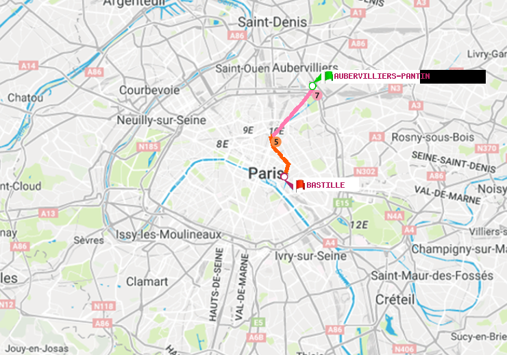 plan itinéraire ratp de Aubervilliers Pantin (4 Chemins) à Bastille