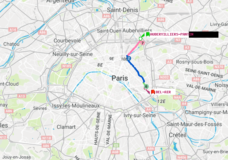 plan itinéraire ratp de Aubervilliers Pantin (4 Chemins) à Bel-Air