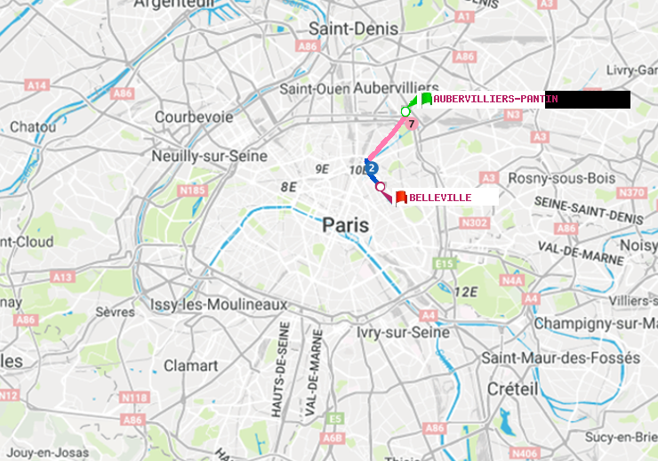 plan itinéraire ratp de Aubervilliers Pantin (4 Chemins) à Belleville