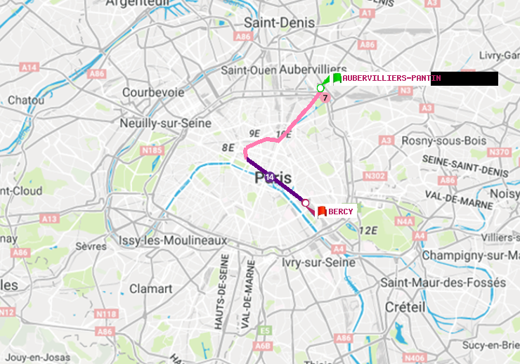 plan itinéraire ratp de Aubervilliers Pantin (4 Chemins) à Bercy