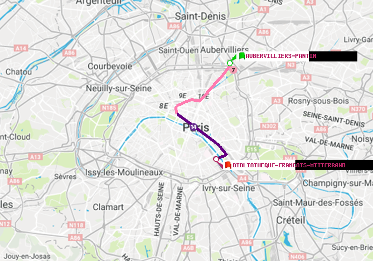 plan itinéraire ratp de Aubervilliers Pantin (4 Chemins) à Bibliotheque-Francois Mitterrand