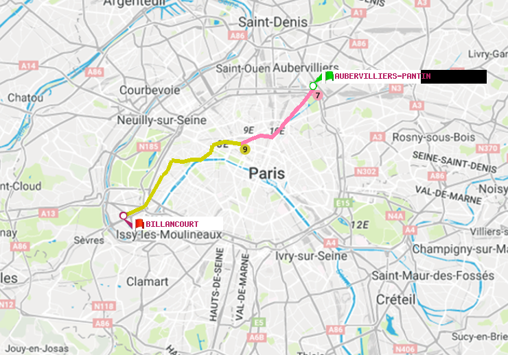 plan itinéraire ratp de Aubervilliers Pantin (4 Chemins) à Billancourt