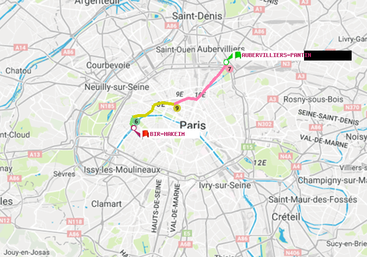 plan itinéraire ratp de Aubervilliers Pantin (4 Chemins) à Bir-Hakeim (Grenelle)