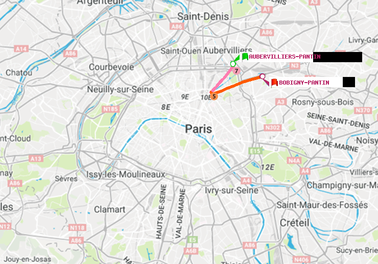 plan itinéraire ratp de Aubervilliers Pantin (4 Chemins) à Bobigny-Pantin (Raymond Queneau)