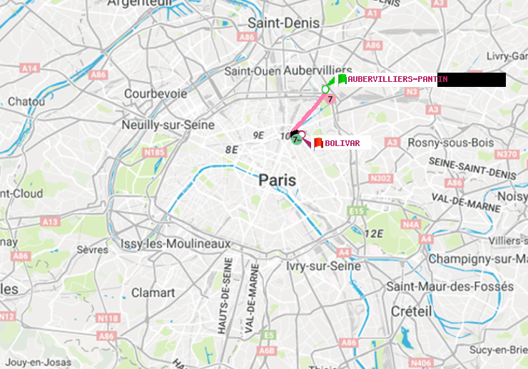 plan itinéraire ratp de Aubervilliers Pantin (4 Chemins) à Bolivar