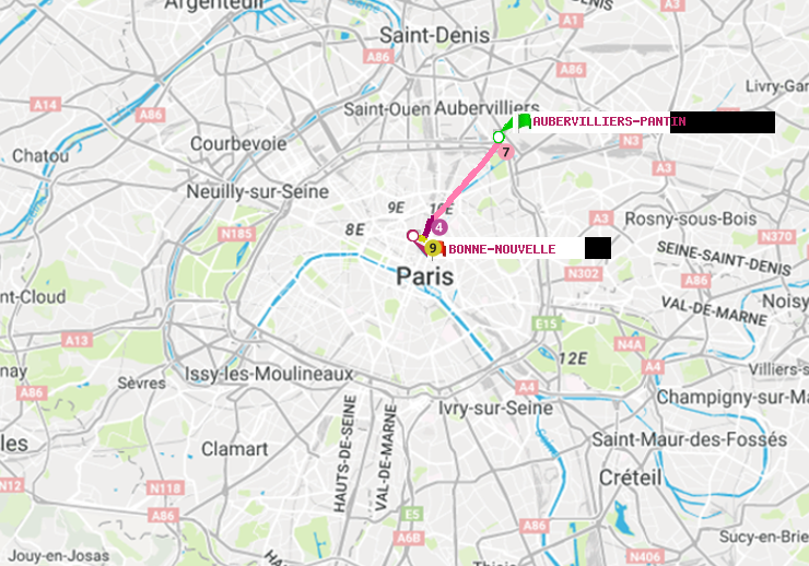 plan itinéraire ratp de Aubervilliers Pantin (4 Chemins) à Bonne Nouvelle