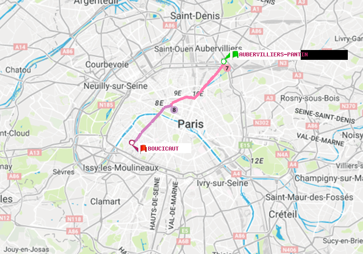 plan itinéraire ratp de Aubervilliers Pantin (4 Chemins) à Boucicaut