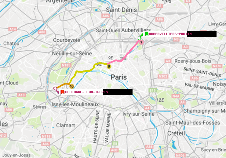 plan itinéraire ratp de Aubervilliers Pantin (4 Chemins) à Boulogne-Jean-Jaurès