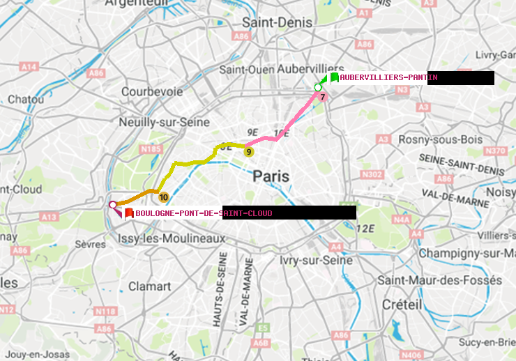 plan itinéraire ratp de Aubervilliers Pantin (4 Chemins) à Boulogne Pont de Saint-Cloud