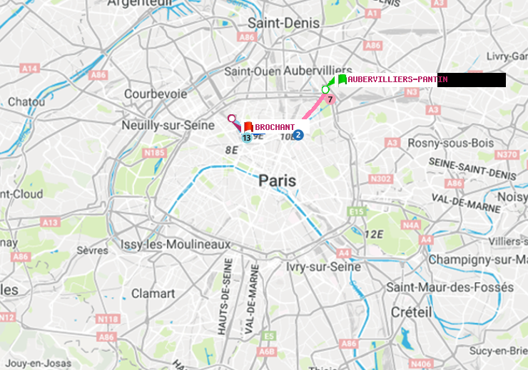 plan itinéraire ratp de Aubervilliers Pantin (4 Chemins) à Brochant