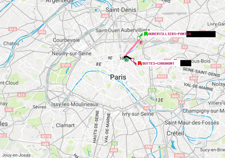 plan itinéraire ratp de Aubervilliers Pantin (4 Chemins) à Buttes-Chaumont