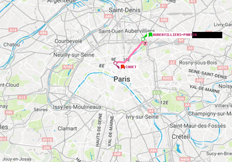 plan itinéraire ratp de Aubervilliers Pantin (4 Chemins) à Cadet