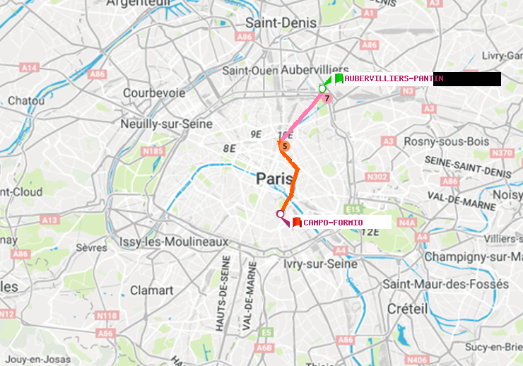 plan itinéraire ratp de Aubervilliers Pantin (4 Chemins) à Campo-Formio