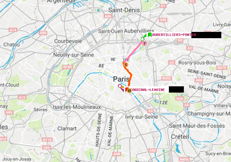 plan itinéraire ratp de Aubervilliers Pantin (4 Chemins) à Cardinal-Lemoine