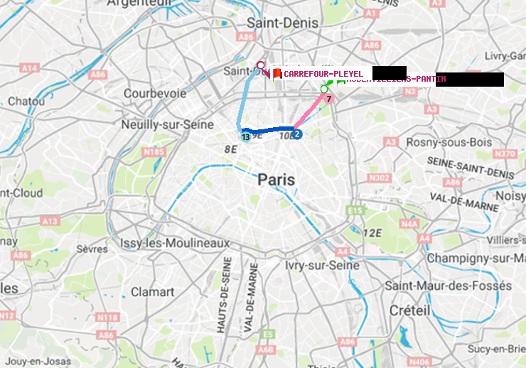 plan itinéraire ratp de Aubervilliers Pantin (4 Chemins) à Carrefour-Pleyel
