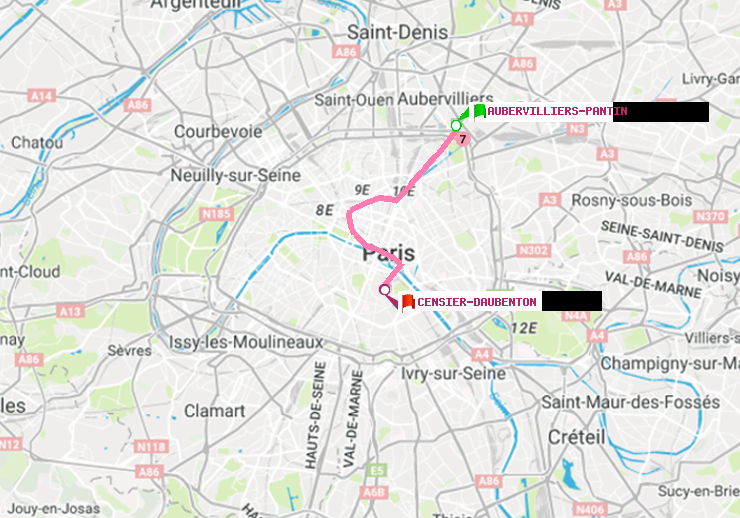 plan itinéraire ratp de Aubervilliers Pantin (4 Chemins) à Censier-Daubenton