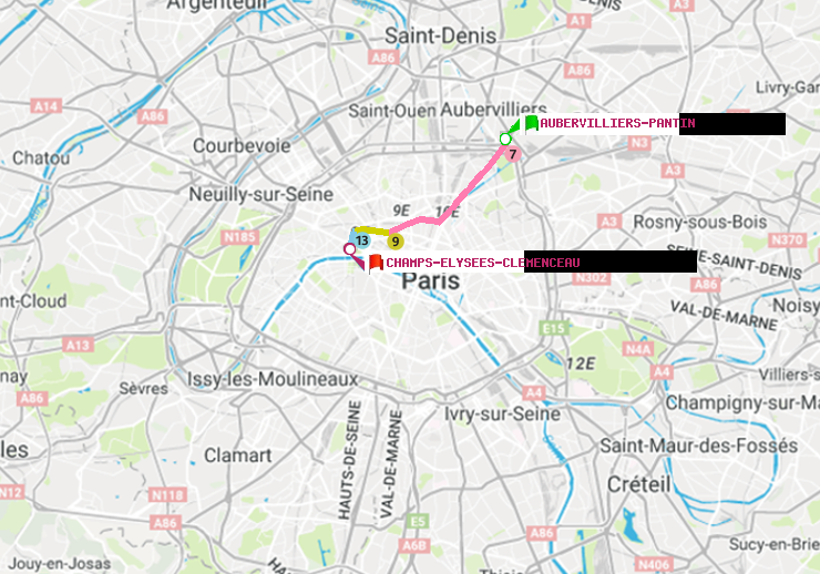 plan itinéraire ratp de Aubervilliers Pantin (4 Chemins) à Champs-Elysées-Clémenceau