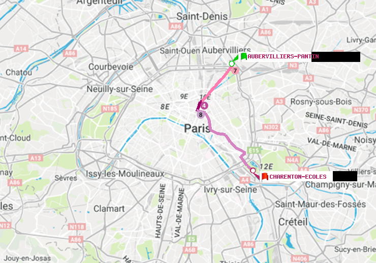 plan itinéraire ratp de Aubervilliers Pantin (4 Chemins) à Charenton-Ecoles