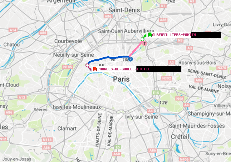 plan itinéraire ratp de Aubervilliers Pantin (4 Chemins) à Charles de Gaulle-Etoile
