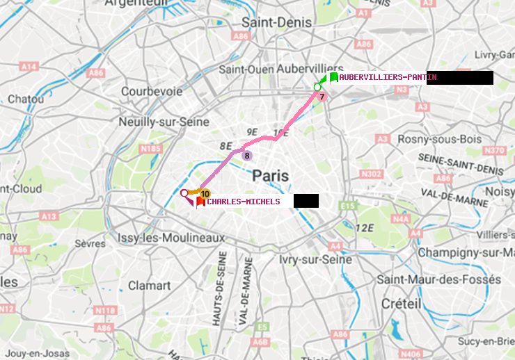 plan itinéraire ratp de Aubervilliers Pantin (4 Chemins) à Charles Michels