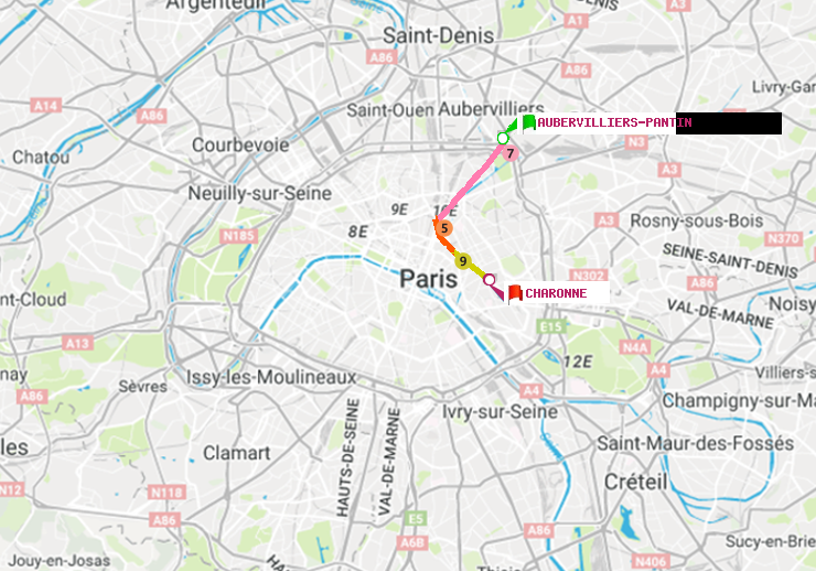 plan itinéraire ratp de Aubervilliers Pantin (4 Chemins) à Charonne