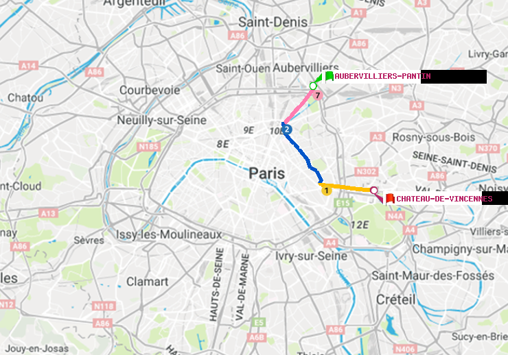 plan itinéraire ratp de Aubervilliers Pantin (4 Chemins) à Château de Vincennes