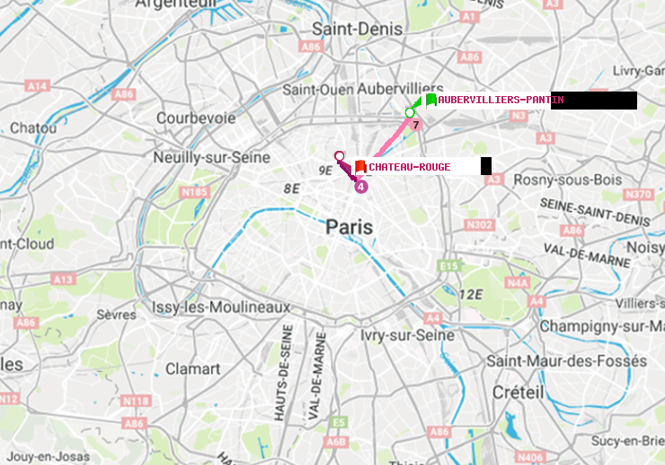 plan itinéraire ratp de Aubervilliers Pantin (4 Chemins) à Château Rouge