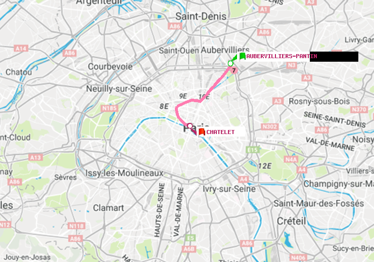 plan itinéraire ratp de Aubervilliers Pantin (4 Chemins) à Châtelet