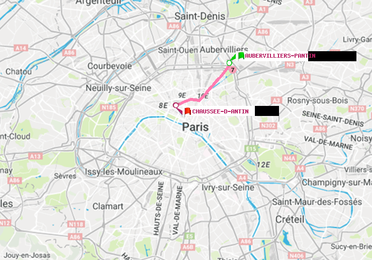 plan itinéraire ratp de Aubervilliers Pantin (4 Chemins) à Chaussée d