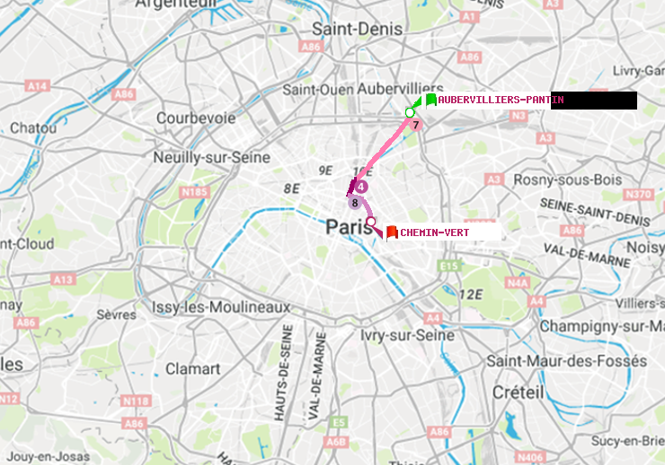 plan itinéraire ratp de Aubervilliers Pantin (4 Chemins) à Chemin Vert