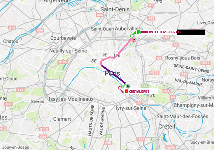 plan itinéraire ratp de Aubervilliers Pantin (4 Chemins) à Chevaleret