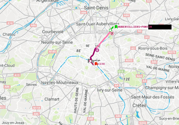 plan itinéraire ratp de Aubervilliers Pantin (4 Chemins) à Cité