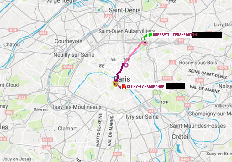 plan itinéraire ratp de Aubervilliers Pantin (4 Chemins) à Cluny-La Sorbonne