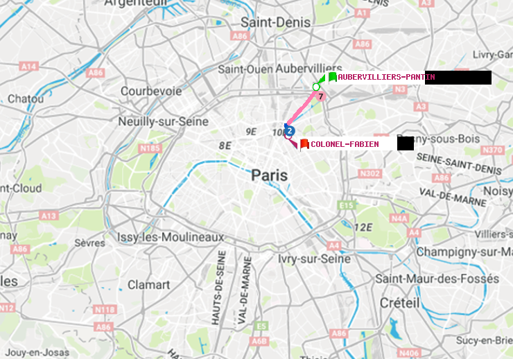 plan itinéraire ratp de Aubervilliers Pantin (4 Chemins) à Colonel Fabien
