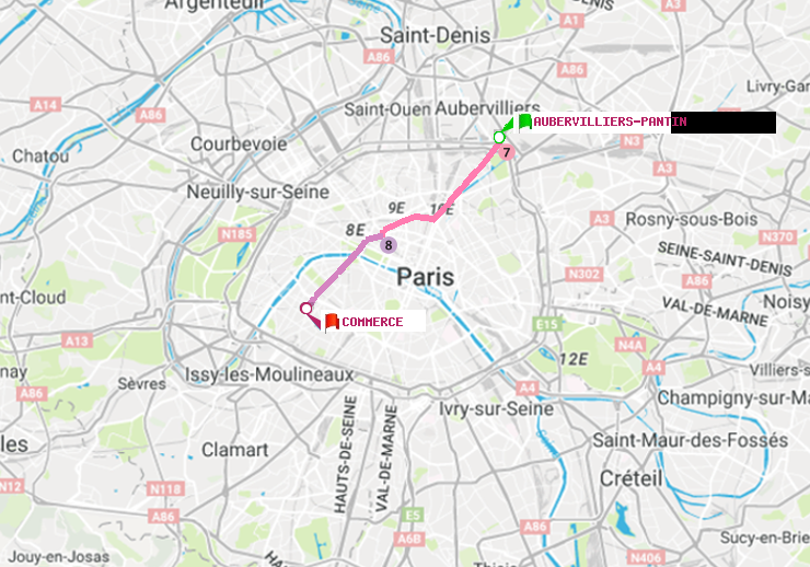 plan itinéraire ratp de Aubervilliers Pantin (4 Chemins) à Commerce