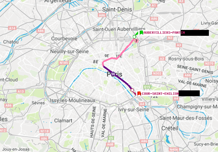 plan itinéraire ratp de Aubervilliers Pantin (4 Chemins) à Cour Saint-Emilion