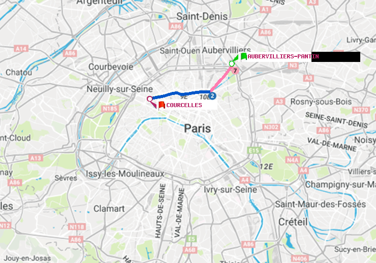 plan itinéraire ratp de Aubervilliers Pantin (4 Chemins) à Courcelles