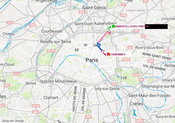 plan itinéraire ratp de Aubervilliers Pantin (4 Chemins) à Couronnes