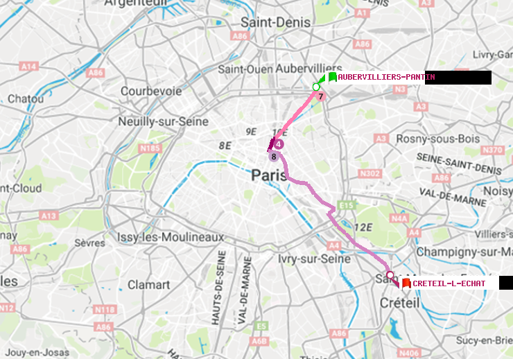 plan itinéraire ratp de Aubervilliers Pantin (4 Chemins) à Créteil-L