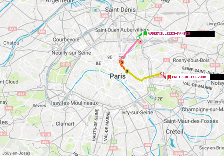 plan itinéraire ratp de Aubervilliers Pantin (4 Chemins) à Croix-de-Chavaux (Jacques Duclos)