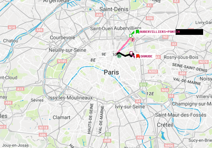 plan itinéraire ratp de Aubervilliers Pantin (4 Chemins) à Danube
