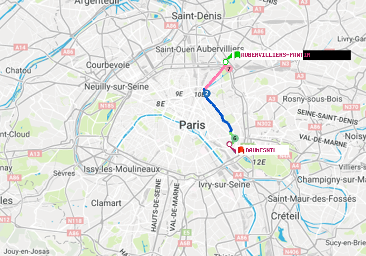 plan itinéraire ratp de Aubervilliers Pantin (4 Chemins) à Daumesnil (Félix Eboué)