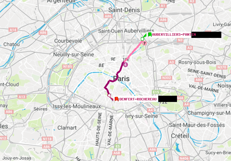 plan itinéraire ratp de Aubervilliers Pantin (4 Chemins) à Denfert-Rochereau