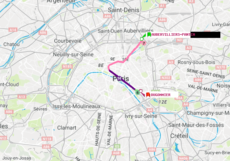 plan itinéraire ratp de Aubervilliers Pantin (4 Chemins) à Dugommier