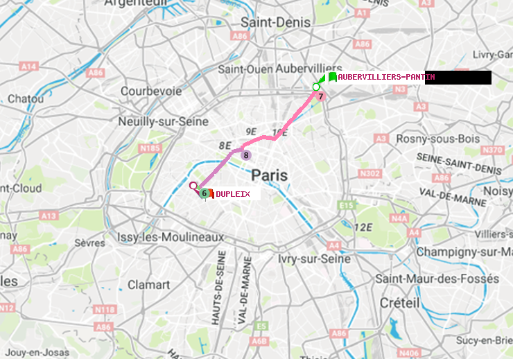 plan itinéraire ratp de Aubervilliers Pantin (4 Chemins) à Dupleix